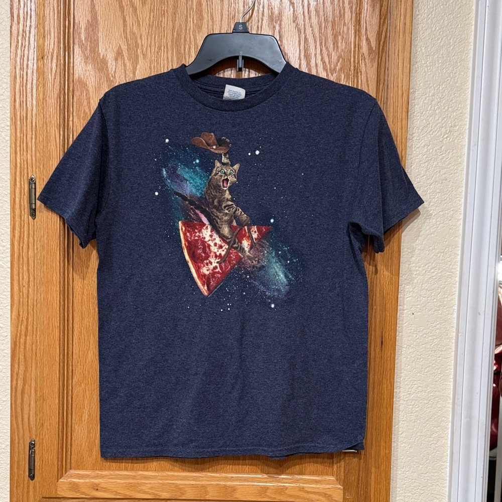 Kids Navy Graphic T-Shirt with Cowboy Cat Riding Pizza - Size Large